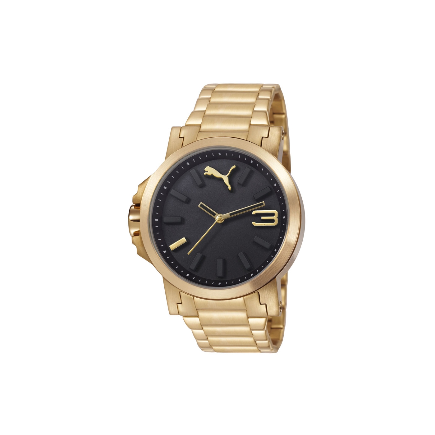 Puma Mens stainless steel IP gold watch with black dial and stainless steel IP gold bracelet