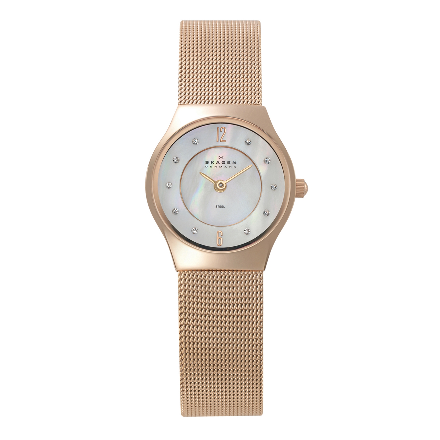 Skagen Ladies bronze mother of pearl and diamante dial watch