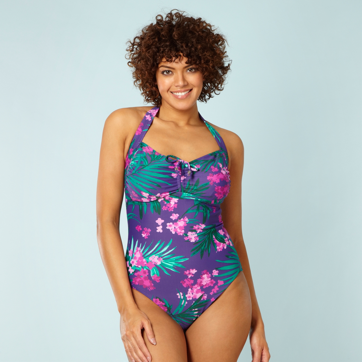 Gorgeous Purple tropical floral figure flattering swimsuit