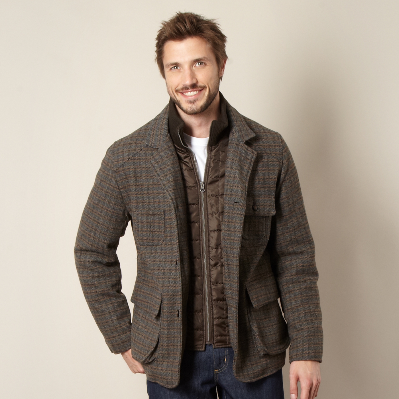 RJR.John Rocha Designer brown checked mock jacket insert coat