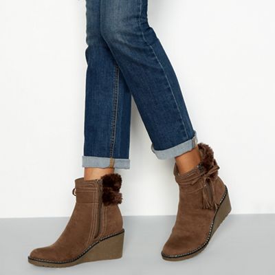 Mantaray - Taupe suedette 'May' faux fur trimmed wedged ankle boot