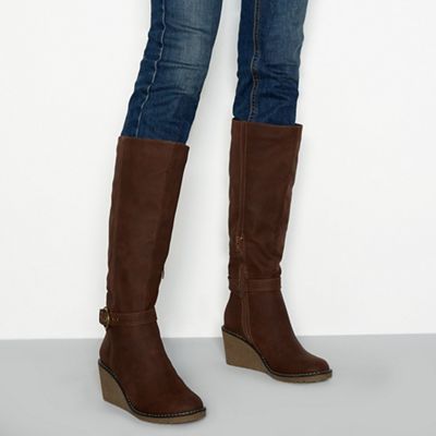 Mantaray - Brown faux leather 'Mallow' high wedge heel knee high boots