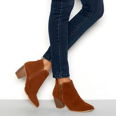 Faith - Tan suedette 'Wippy' high block heel ankle boots