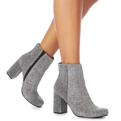 Faith Silver glitter 'Bling' high block heel ankle boots | Debenhams