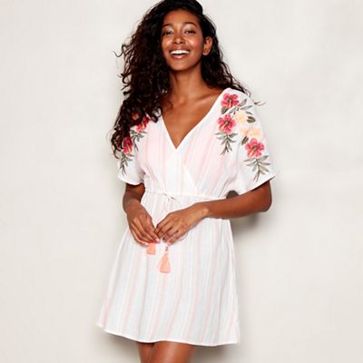 Multicoloured Floral Embroidered Striped Mini Kaftan