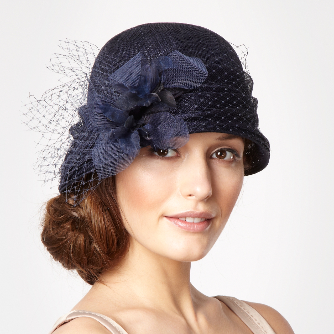 Top Hat by Stephen Jones Designer navy dahlia cloche hat