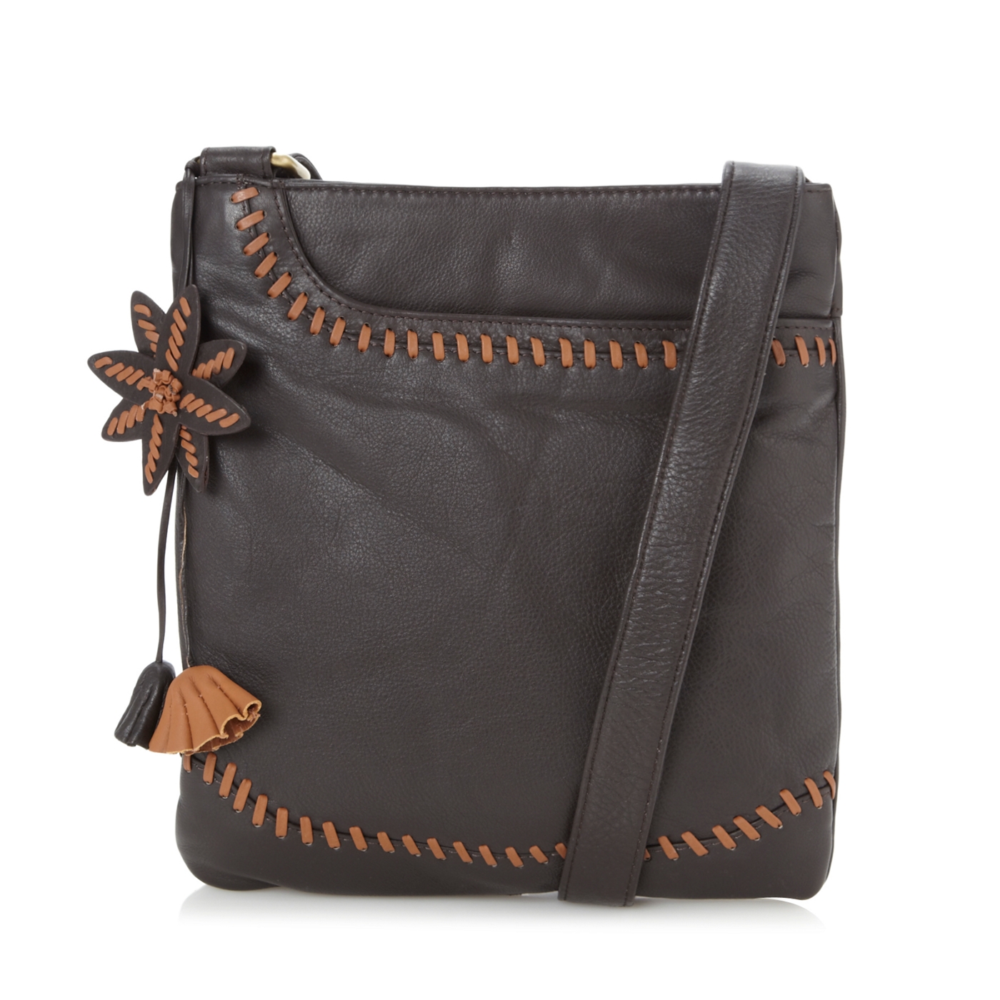 The Collection Dark brown stitch flower cross body bag