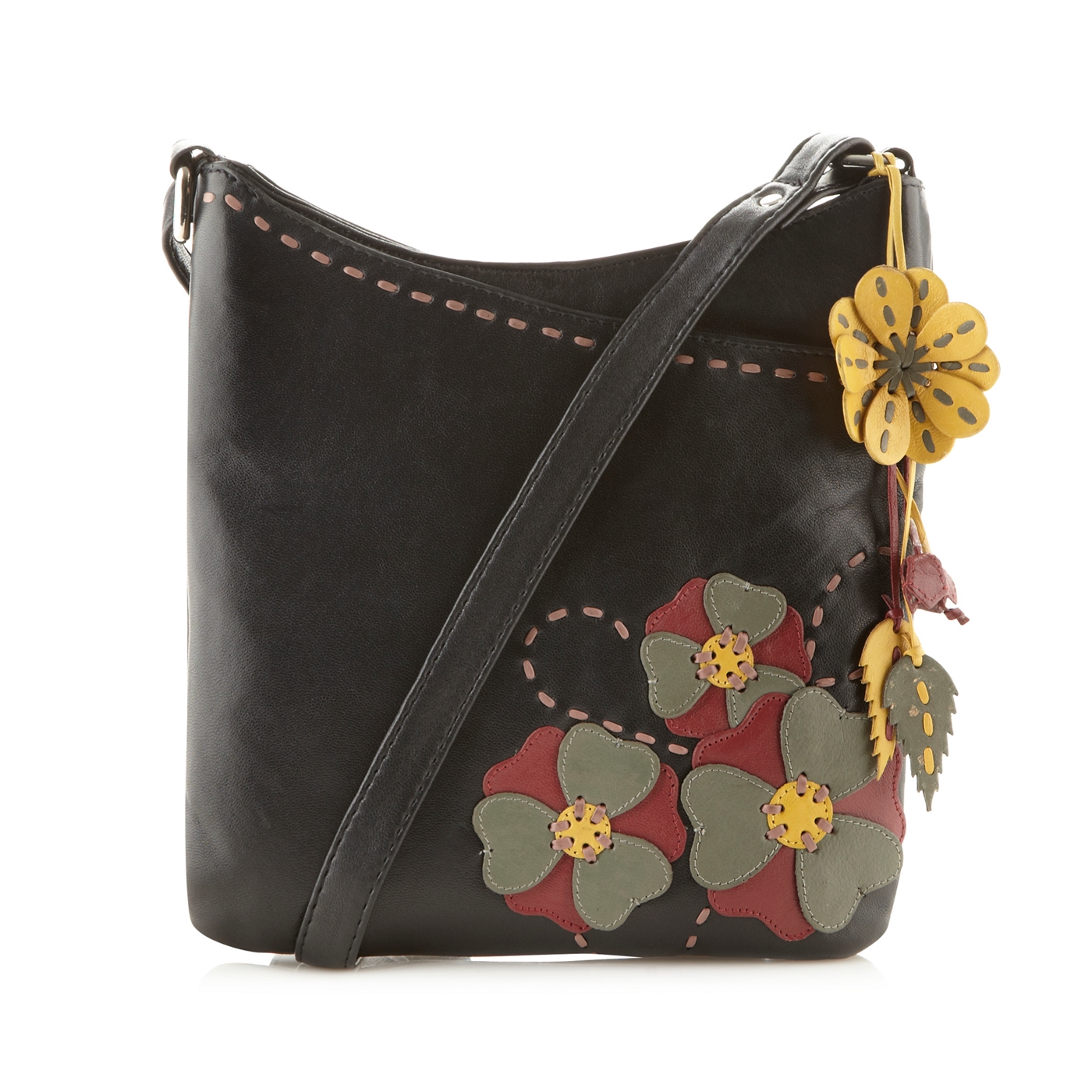 The Collection Black leather applique flower cross body bag