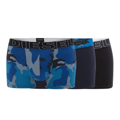 Diesel - 3 pack blue and black plain and camo print trunks