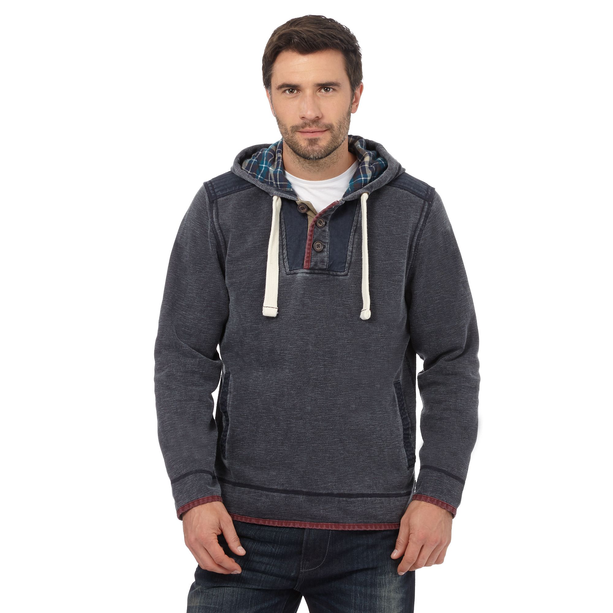 Mantaray Mens Big And Tall Navy Textured Pique Button Neck Hoodie From ...