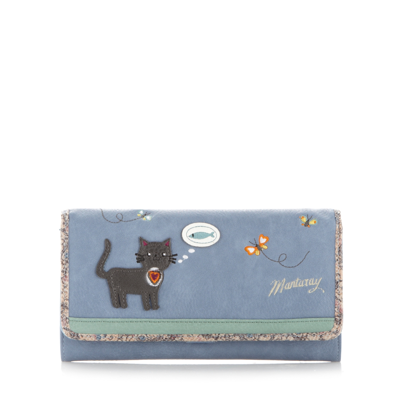 Mantaray Light blue kitten embroidered large purse