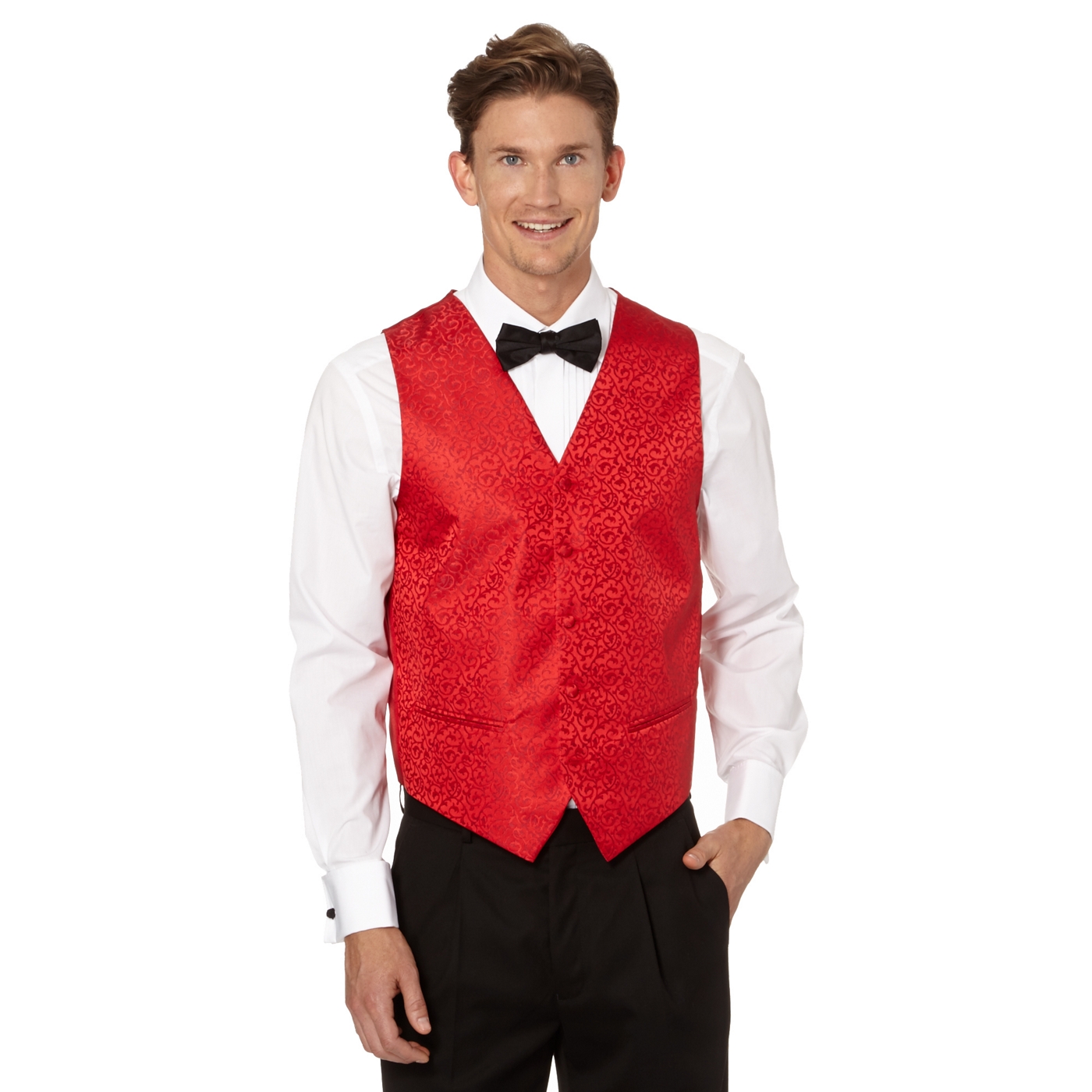 Black Tie Red silk fleur patterned button front waistcoat