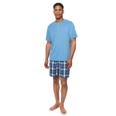 Maine New England - Big and tall light blue grandad top and checked shorts pyjama set