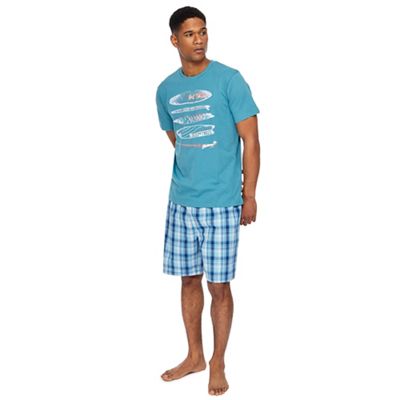 Mantaray - Big and tall turquoise surf print t-shirt and checked shorts pyjama set