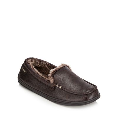 Totes - Dark brown herringbone moccasin slippers
