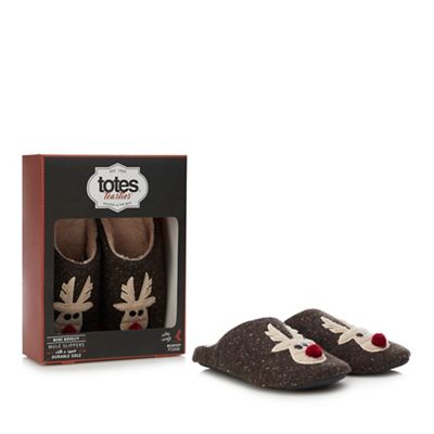 Totes - Light brown reindeer mule slippers