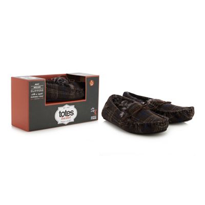 Totes - Brown checked moccasin slippers