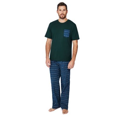 Lounge & Sleep - Big and tall blue and green fair isle print pyjama set