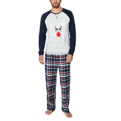 Lounge & Sleep - Navy check print 'Team Rudolph' cotton pyjama set