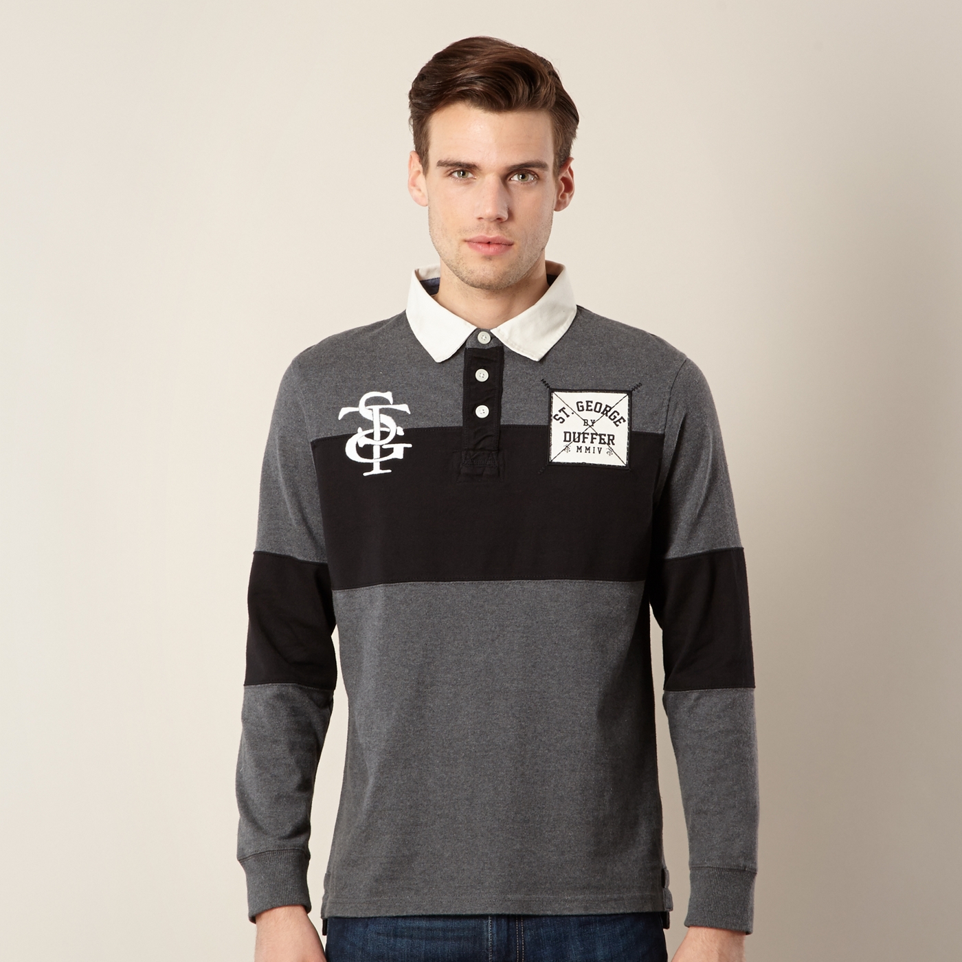 St George by Duffer Dark grey chest striped rugby shirt