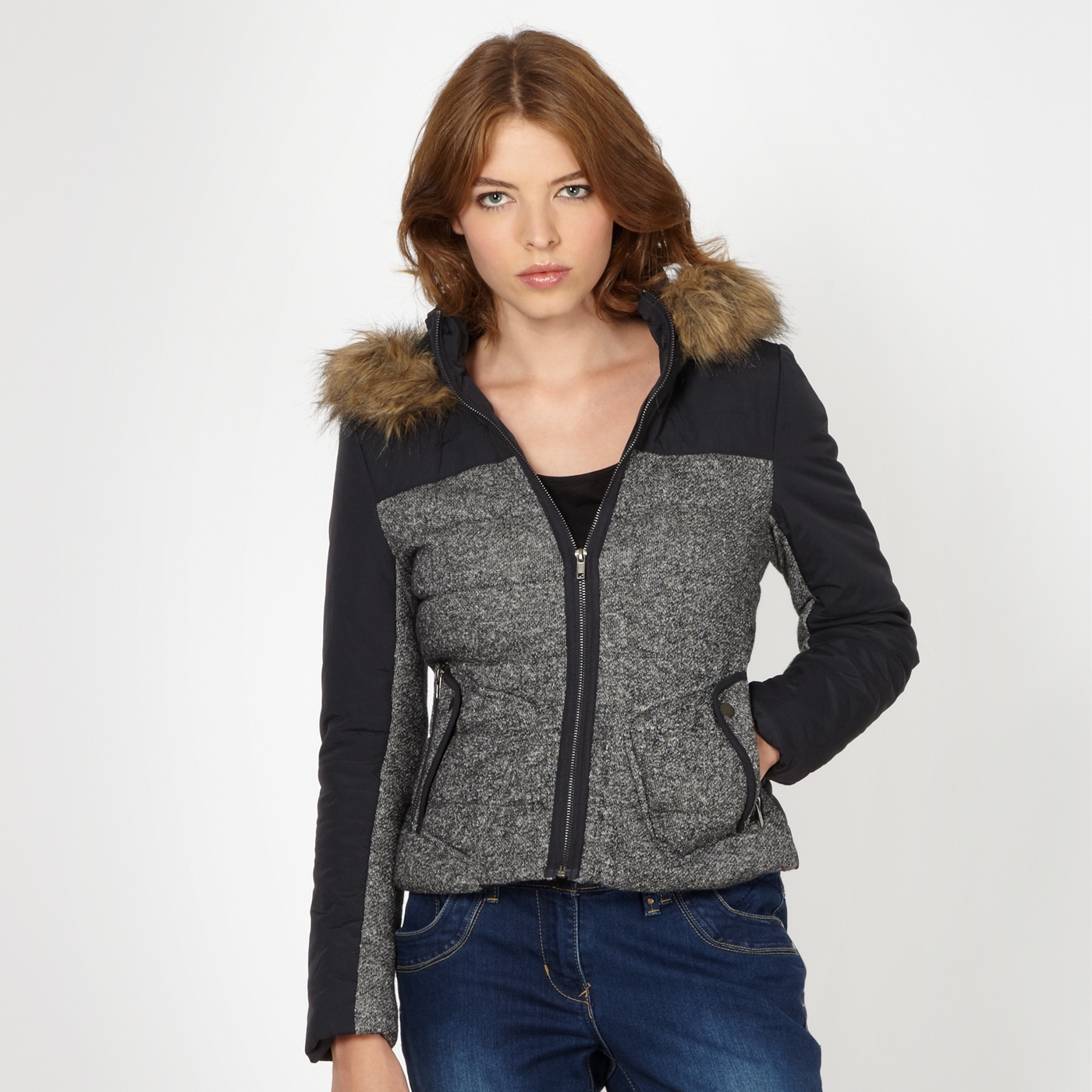 Red Herring Black padded faux fur trim jacket