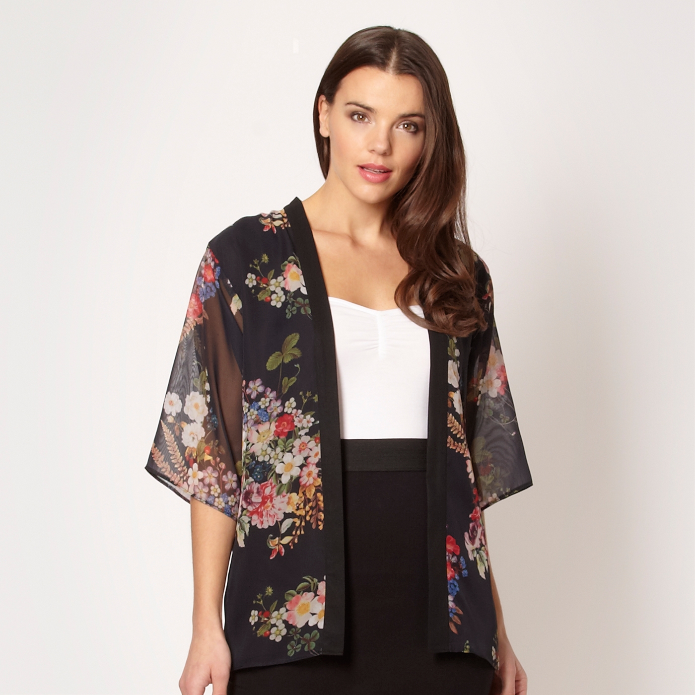 Red Herring Black floral kimono wrap jacket