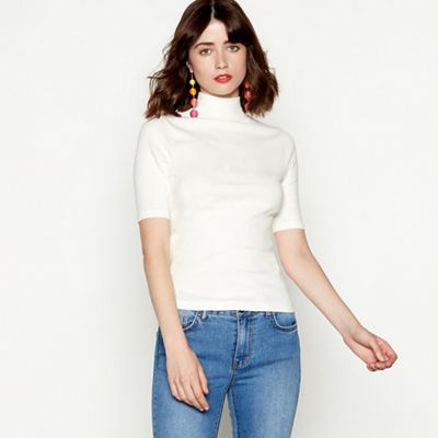 Red Herring - Ivory ribbed cotton blend polo neck short sleeves top