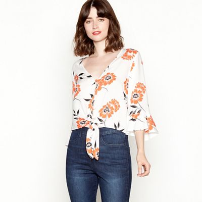 Red Herring - Orange floral print v-neck tie-front blouse