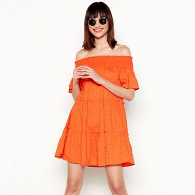 Red Herring - Orange swiss dot pattern stripe cotton Bardot neck short sleeve tirered dress