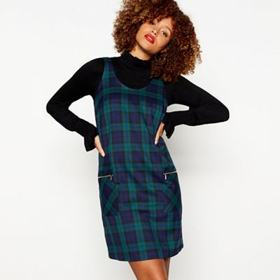 Red Herring - Dark green check sleeveless pinafore mini dress