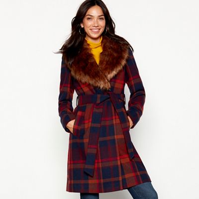 Red Herring - Multicoloured tartan print faux fur collar coat