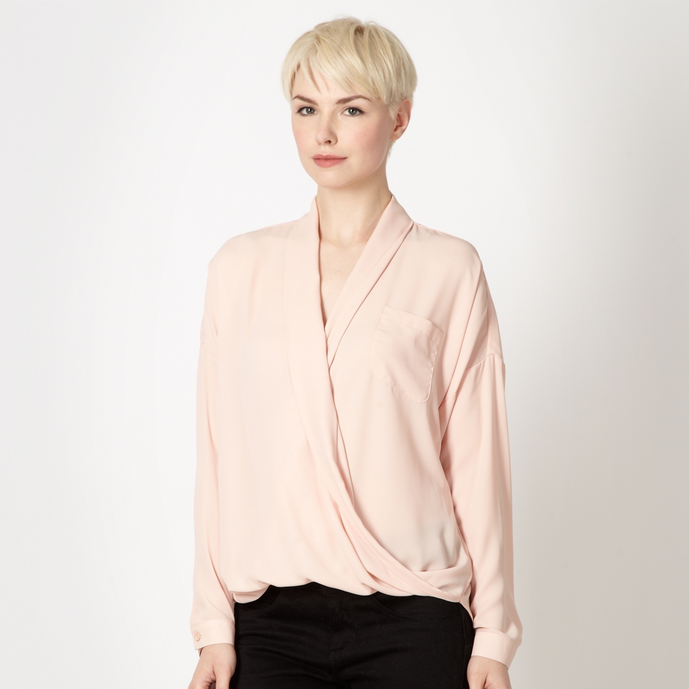 Betty Jackson.Black Designer pale pink wrap front chiffon top