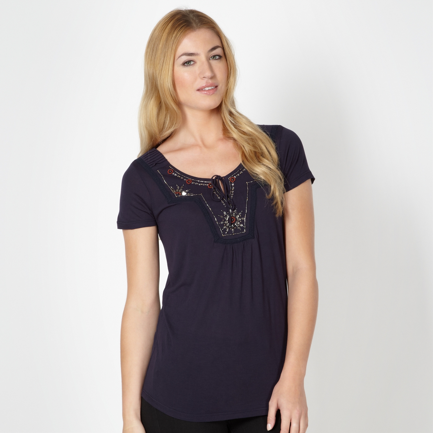 RJR.John Rocha Designer navy beaded jersey top