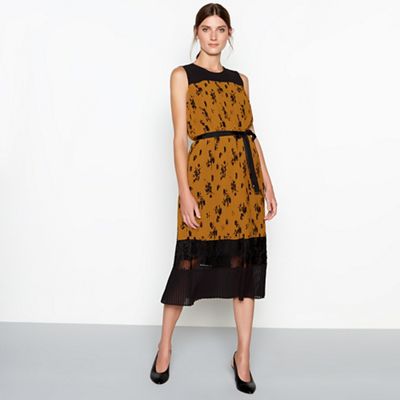 RJR.John Rocha - Dark gold floral print pleated chiffon sleeveless midi dress