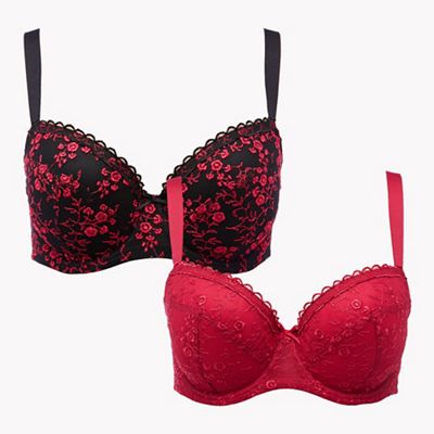 Gorgeous DD+ - 2 pack black and red floral print underwired non-padded t-shirt bras