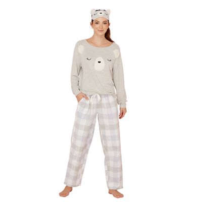Lounge & Sleep Grey bear embroidered long sleeve pyjama set with eye ...