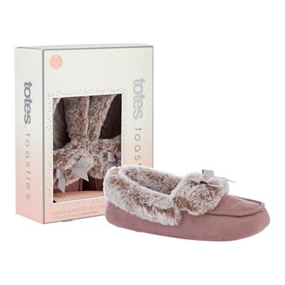 Totes - Mauve suedette faux fur moccasin slippers