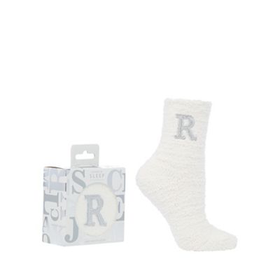 Lounge & Sleep - Cream monogram sparkle fluffy 'R' socks