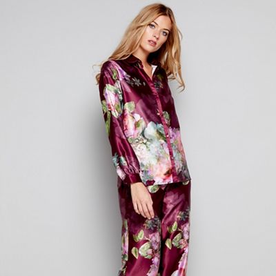 B by Ted Baker - Dark pink floral print satin 'Pure Peony' long sleeve pyjama top