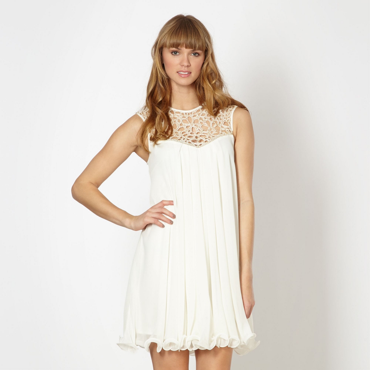 Lipsy Cream beaded cutout neck dress