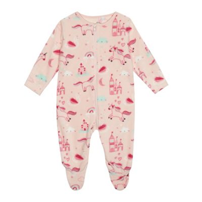 bluezoo - 'Baby girls' pink unicorn print fleece sleepsuit