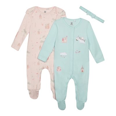 bluezoo - '2 pack baby girls' light green and pink unicorn sleepsuits