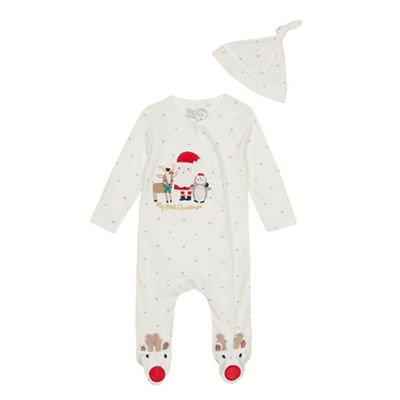 bluezoo - Babies' white Christmas applique sleepsuit with a hat