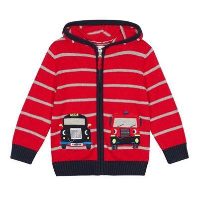bluezoo - Boys' red striped vehicle applique cotton cardigan