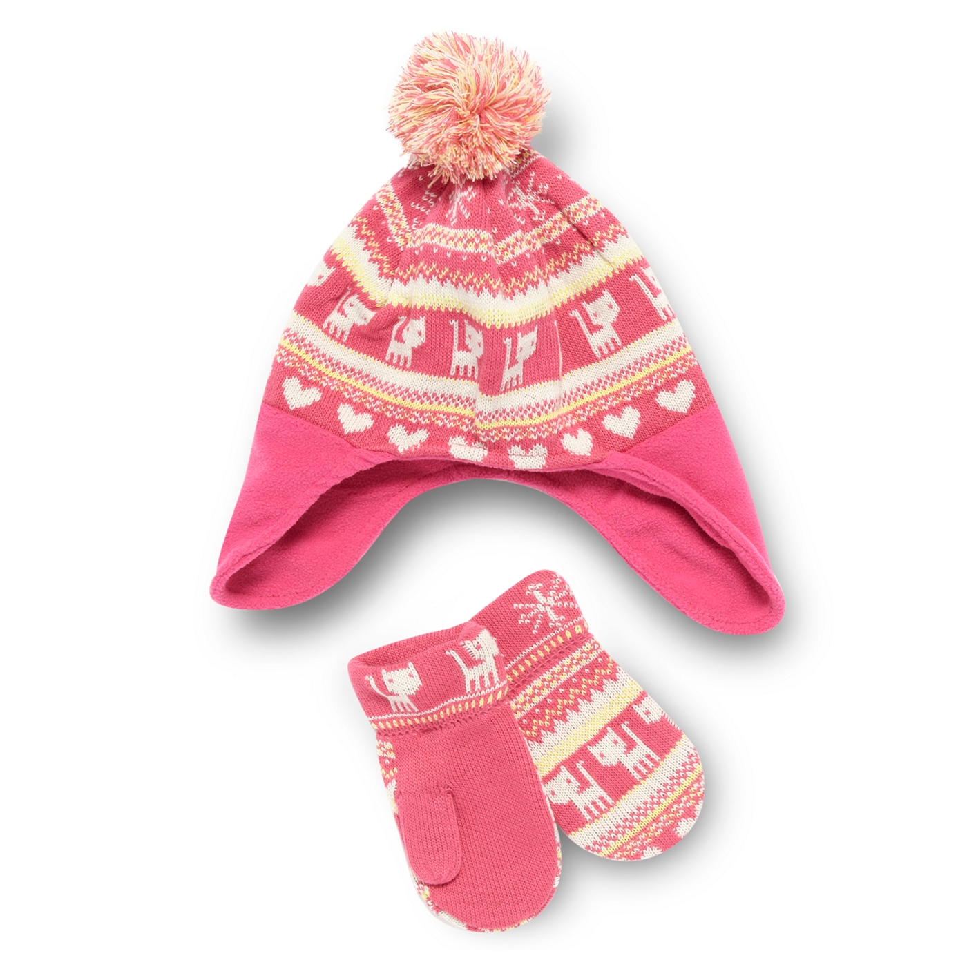 bluezoo Girls pink cat hat and mittens set