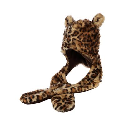 bluezoo - Kids' brown leopard print faux fur hat scarf
