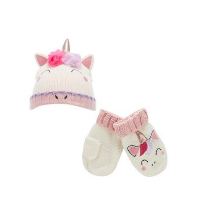 bluezoo - Girls' cream unicorn knitted hat and mittens set