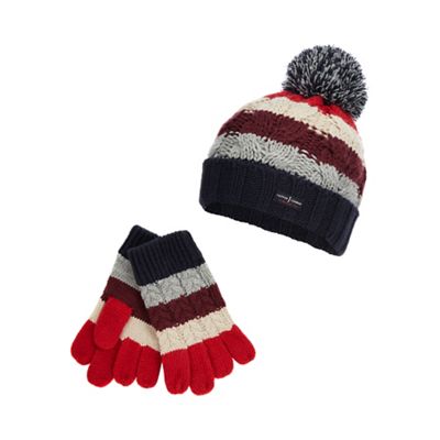 J by Jasper Conran - Boys' multicoloured cable stripe beanie and mittens set