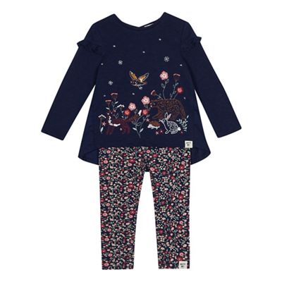 Mantaray - Girls' navy embroidered jersey top and bottoms set