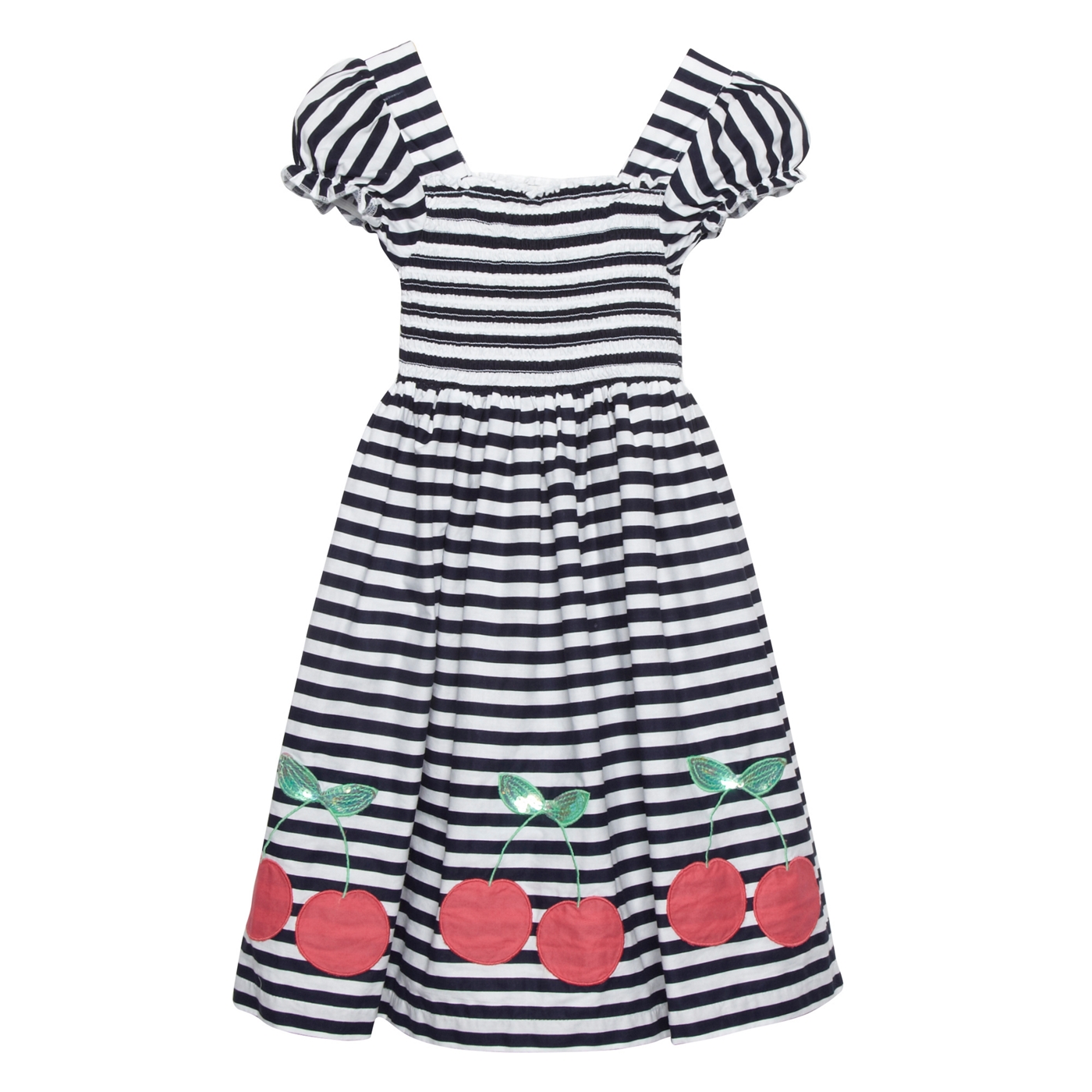 bluezoo Girls navy striped cherry applique dress